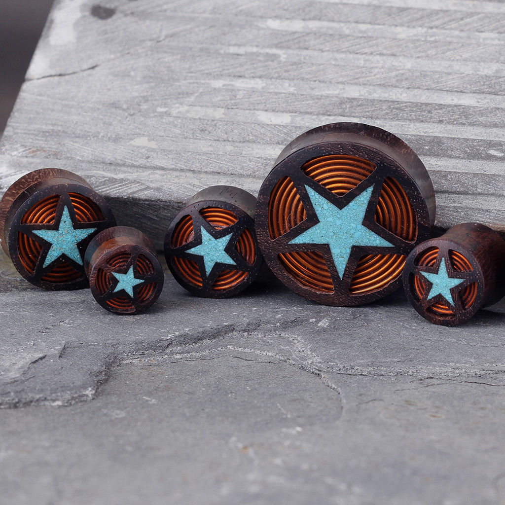 PAIR Sono Wood Plugs w/ Crushed Turquoise Star & Copper Coil