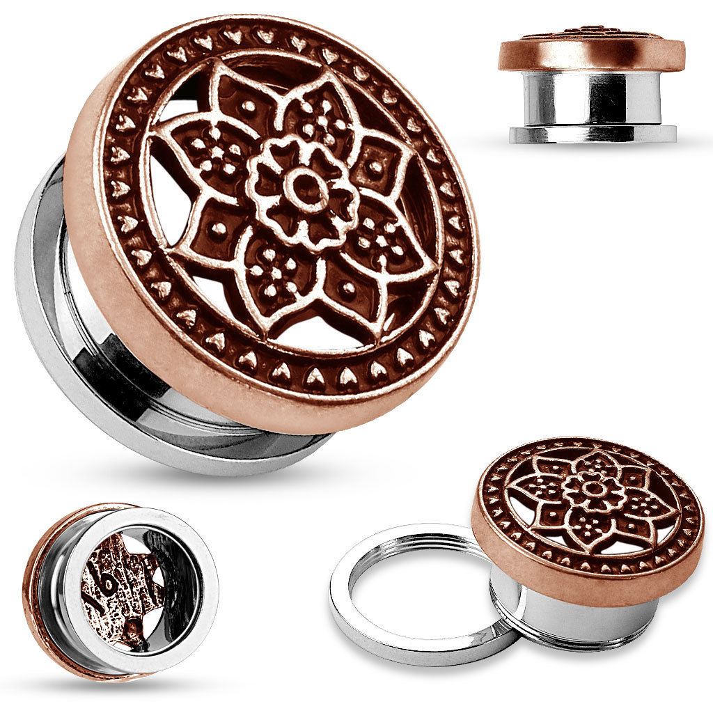 PAIR Tribal Lotus Top Steel Screw Fit Tunnels Plugs