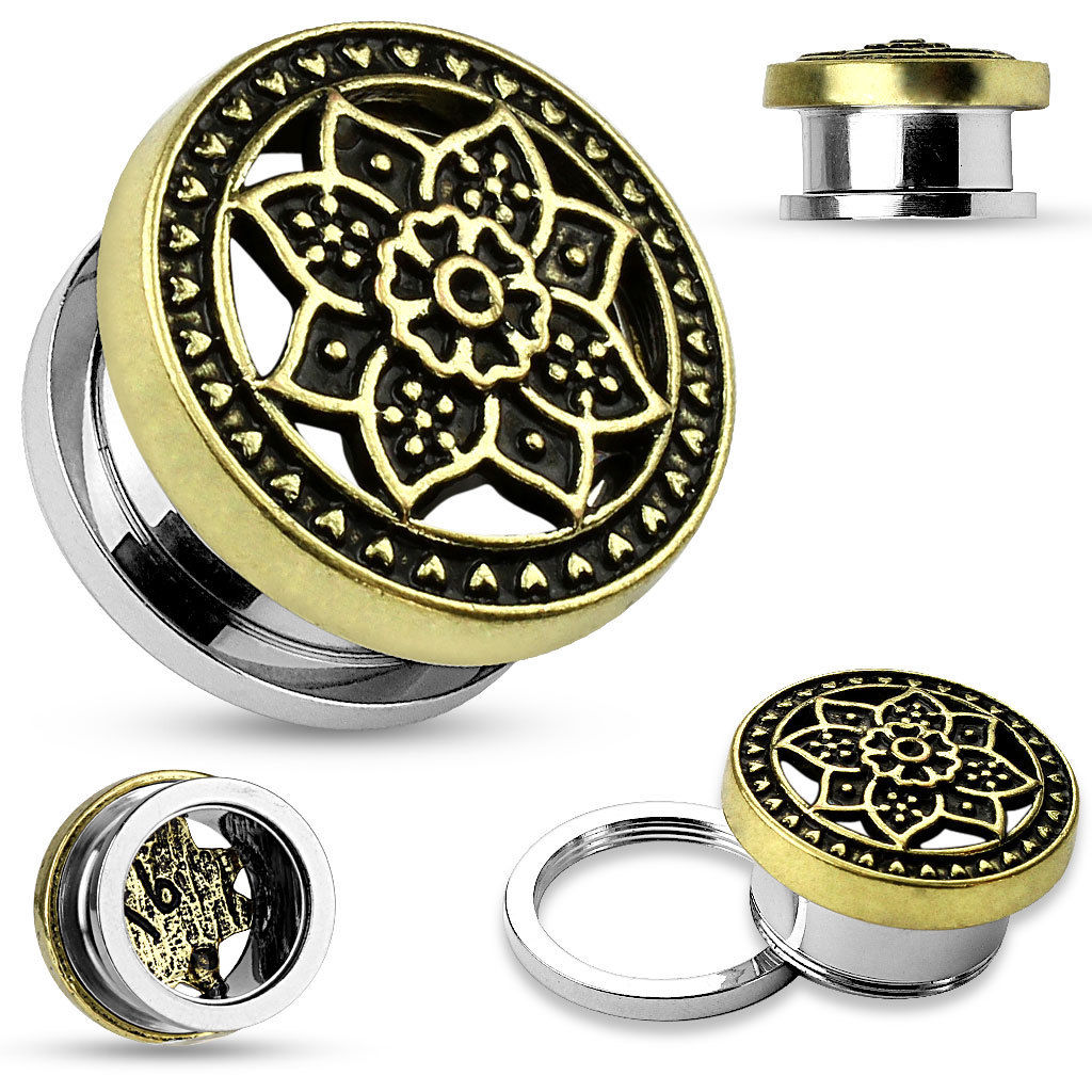PAIR Tribal Lotus Top Steel Screw Fit Tunnels Plugs