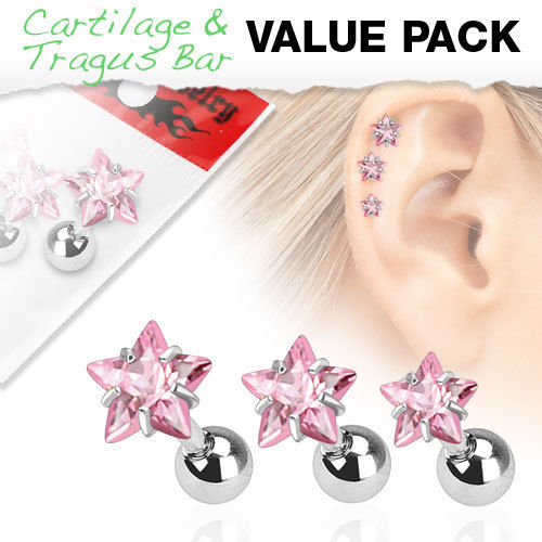 3pc Value Pack Prong Set Star Gem Tragus Ring 16g 1/4"