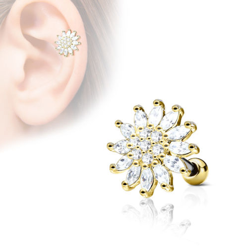 1pc CZ Gem Paved Flower Tragus Ring 16g 1/4"