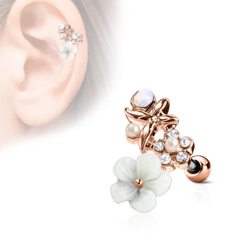 1pc Flower, Pearl, Opalite Gem Curve Tragus Ring 16g 1/4"