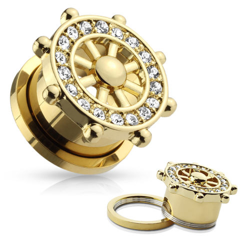 PAIR Gold or Steel Yacht Ship Wheel Gem Paved Tunnels Plugs