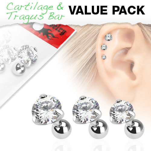 3pc Value Pack Gem Tragus Ring 16g 1/4"