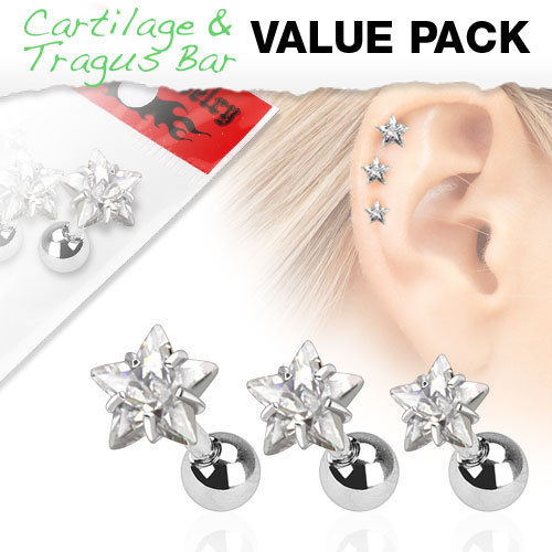 3pc Value Pack Prong Set Star Gem Tragus Ring 16g 1/4"