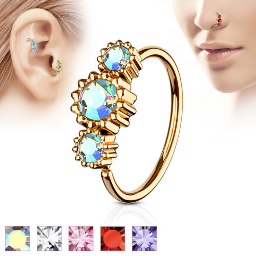 1pc Rose Gold Three CZ Gem Hoop Nose / Cartilage Ring