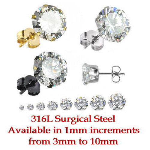 PAIR BLACK OR GOLD IP STEEL CZ GEM STUD EARRINGS