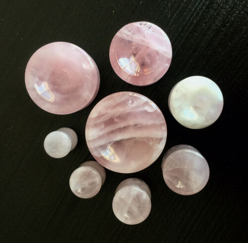 PAIR Concave Rose Quartz Stone Plugs Earlets Organic Ear Piercing Gauges