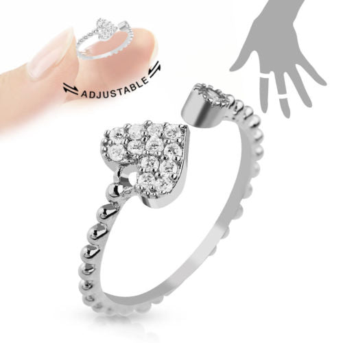 Multi-Paved CZ Gem Heart Adjustable Mid Ring / Toe Ring