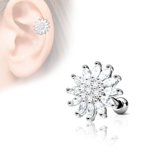 1pc CZ Gem Paved Flower Tragus Ring 16g 1/4"
