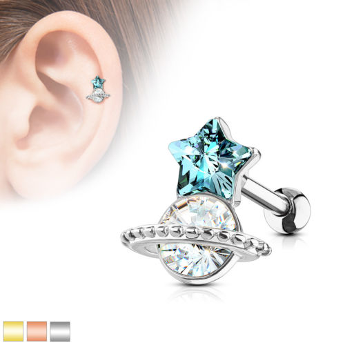 1pc Crystal Star & Saturn Planet Tragus Ring 16g 1/4"