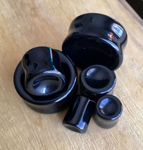 PAIR Concave Black Onyx Stone Plugs Earlets Organic Ear Piercing Gauges