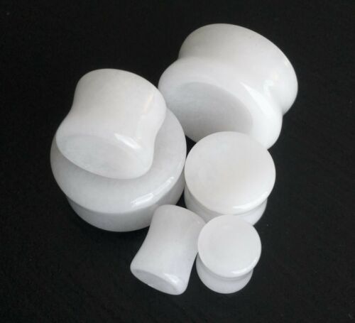 PAIR Concave White Jade Stone Plugs Earlets Organic Ear Piercing Gauges