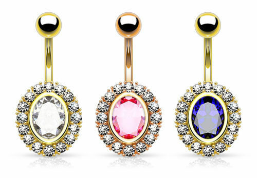 1pc Large Oval Shape CZ 14Kt Gold Plated Pierced Belly Navel Naval Ring