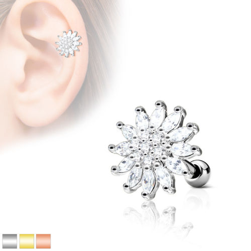 1pc CZ Gem Paved Flower Tragus Ring 16g 1/4"