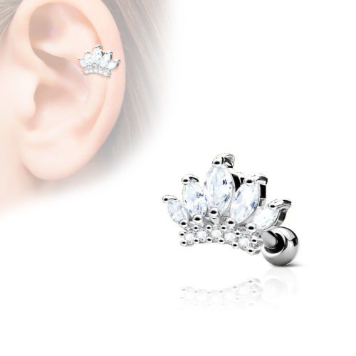 1pc CZ Gem Princess Crown Tragus Ring 16g 1/4"
