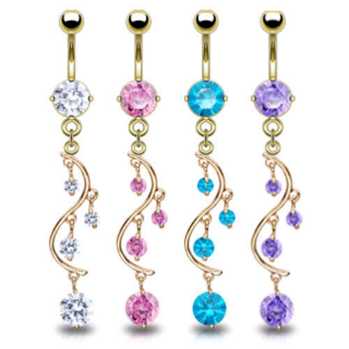 14k Gold Plated CZ Gem Vine Dangle Belly Ring Navel Clear, Pink, Purple, Aqua