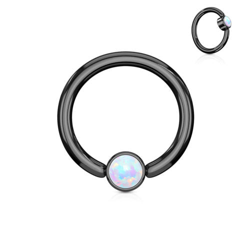 1pc Opal Set Flat-Back Black Plated Captive Bead Ring