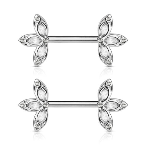 PAIR Crystal Set Three Petal Flower Ends Nipple Rings Shields
