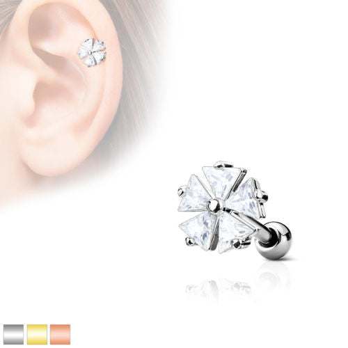 1pc CZ Gem Triangle Flower Tragus Ring 16g 1/4"