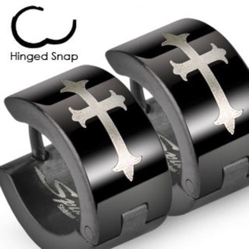 PAIR of Black Steel Hinged Wide Hoop Huggies Earrings w/ Gothic Medieval Cross