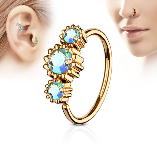 1pc Rose Gold Three CZ Gem Hoop Nose / Cartilage Ring