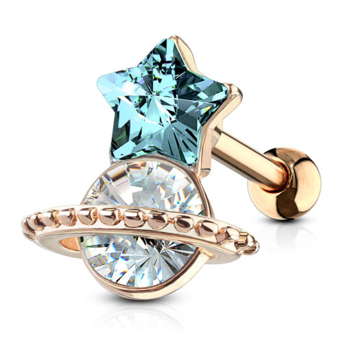 1pc Crystal Star & Saturn Planet Tragus Ring 16g 1/4"