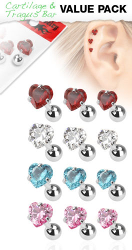 3pc Value Pack Prong Set Heart Gem Tragus Ring 16g 1/4"