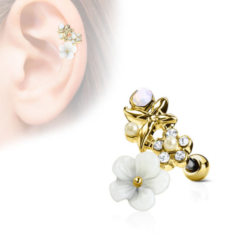 1pc Flower, Pearl, Opalite Gem Curve Tragus Ring 16g 1/4"