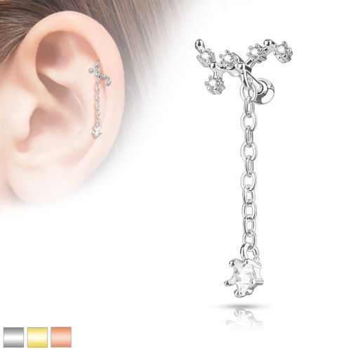 1pc CZ Gem Vine w/ Chain Tragus Ring 16g 1/4"
