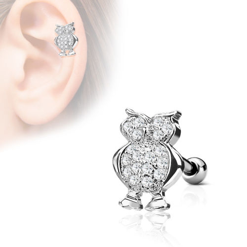 1pc CZ Gem Paved Owl Tragus Ring 16g 1/4"