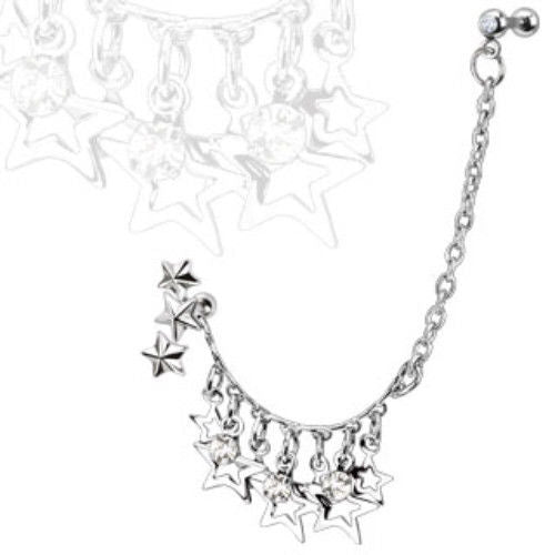 Chain Linked Triple Star Tragus Ring with Cartilage/Helix Barbell