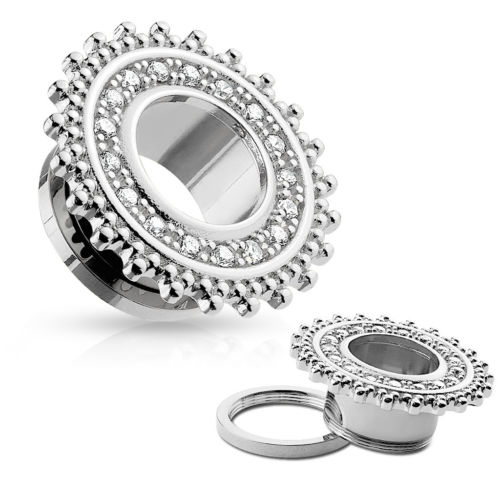 PAIR Gold or Steel Tribal Shield Gem Paved Screw Fit Tunnels