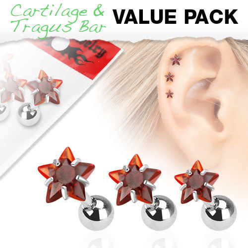 3pc Value Pack Prong Set Star Gem Tragus Ring 16g 1/4"
