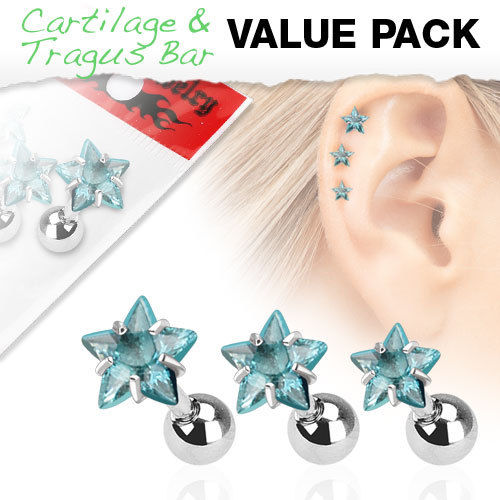 3pc Value Pack Prong Set Star Gem Tragus Ring 16g 1/4"