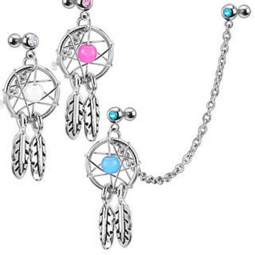 1pc Chain Linked Dream Catcher Gemmed Tragus Ring
