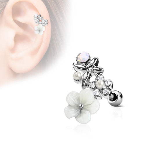 1pc Flower, Pearl, Opalite Gem Curve Tragus Ring 16g 1/4"