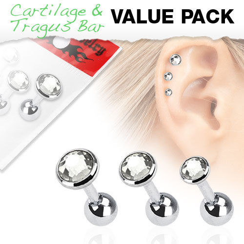 3pc Value Pack Gem Tragus Cartilage Ring 16g 1/4" - Choose Color