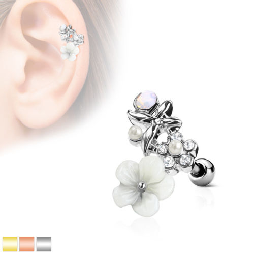 1pc Flower, Pearl, Opalite Gem Curve Tragus Ring 16g 1/4"