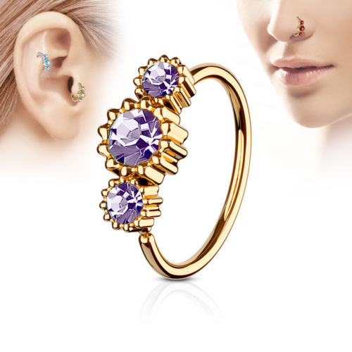 1pc Rose Gold Three CZ Gem Hoop Nose / Cartilage Ring
