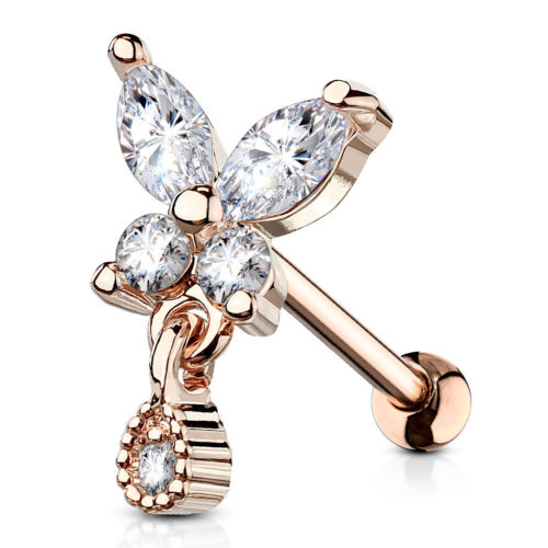 1pc CZ Gem Butterfly w/ Tear Drop Tragus Ring 16g 1/4"