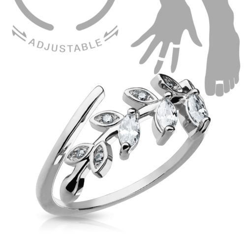 Marquise Cut CZ Gem Leaf Leaves Vine Adjustable Mid Ring / Toe Ring