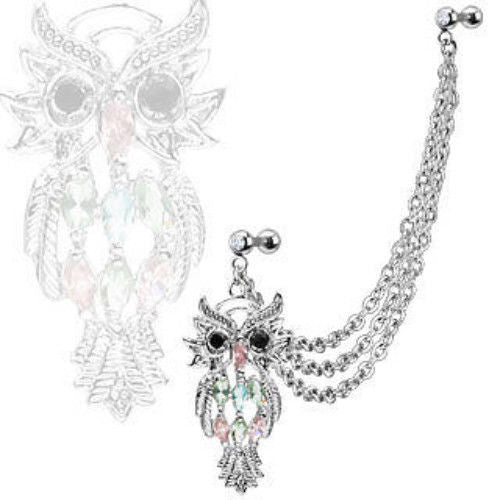 Steel Chain Linked Gemmed Owl Cartilage Tragus Helix Ring