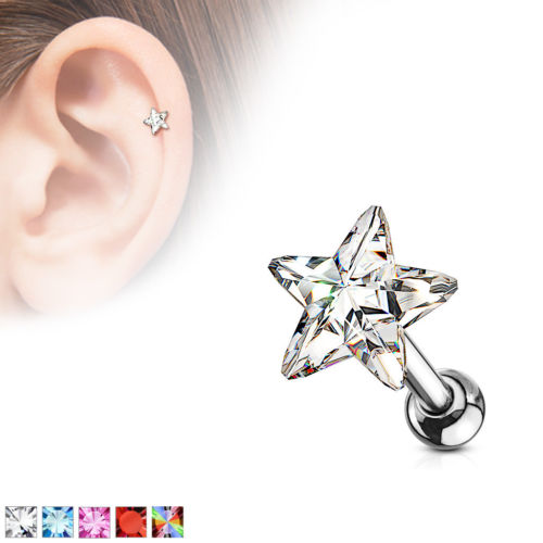 1pc Star Crystal Tragus Ring 16g 1/4"