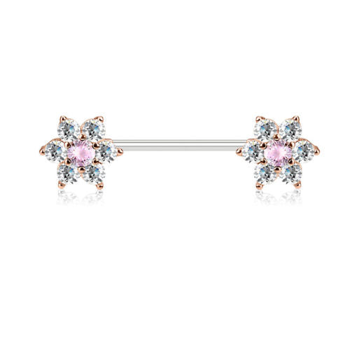 PAIR CZ Gem Flower Ends Nipple Ring Shields