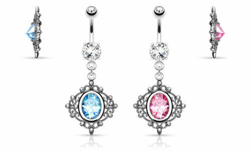 1pc Oval CZ Vintage Filigree Design Dangle Pierced Belly Navel Ring Body Jewelry