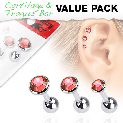 3pc Value Pack Gem Tragus Cartilage Ring 16g 1/4" - Choose Color