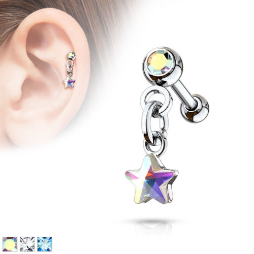 1pc Crystal Star Dangle Tragus Ring 16g 1/4"