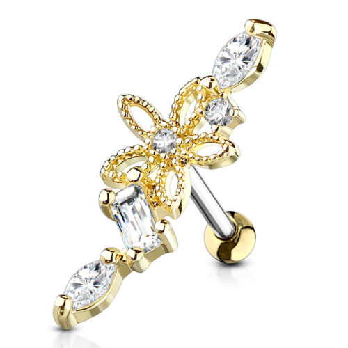 1pc CZ Gem Hollow Flower Tragus Ring 16g 1/4"