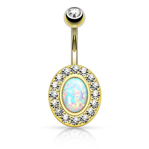 Opal Center Multi-Gem Paved Gold Plated Belly Ring Navel